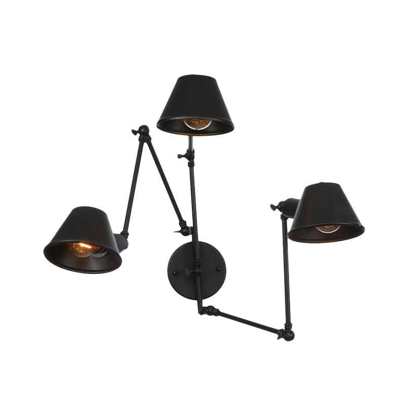 Antiqued Black Iron Swing Arm Sconce With Bell Shade - 2/3 Lights Bedroom Wall Lamp