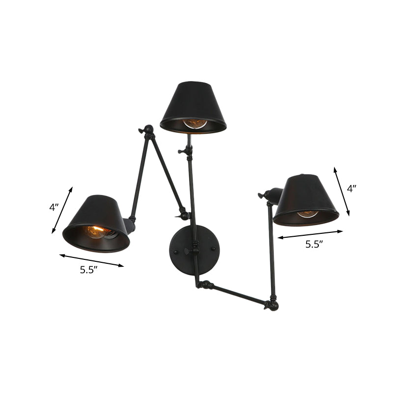 Antiqued Black Iron Swing Arm Sconce With Bell Shade - 2/3 Lights Bedroom Wall Lamp