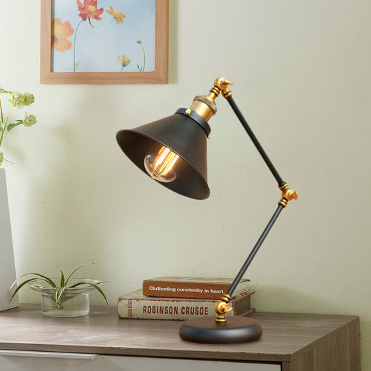 Modern Black/Gold Swing Arm Desk Lamp - Farmhouse Metallic Nightstand Light With Flared Shade Black