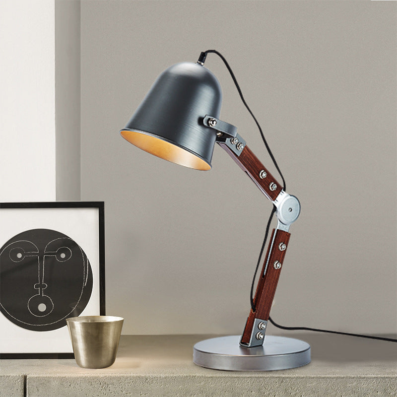 Swing Wood Arm Industrial Bell Table Light - Metallic Plug In Desk Lamp (Black 1 Bulb)