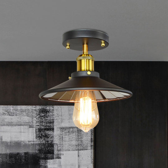 Black Metal Wide Flare Semi Flush Industrial Ceiling Lamp - 1-Light for Study Room