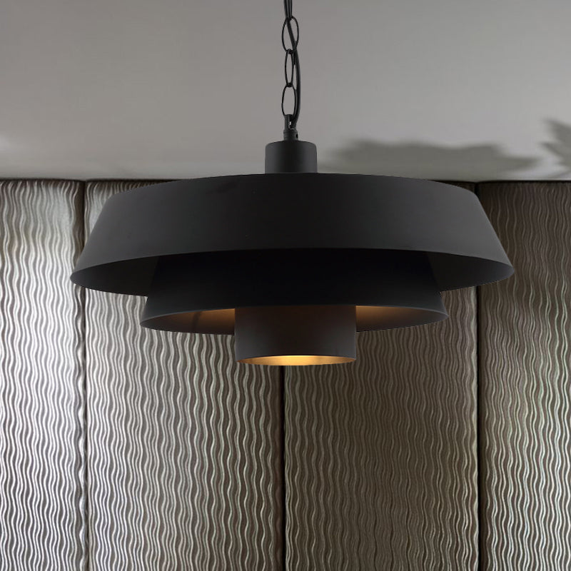 Vintage Iron Pendant Ceiling Fixture - 2-Layer Pan Restaurant Style, 1-Head, Black Finish