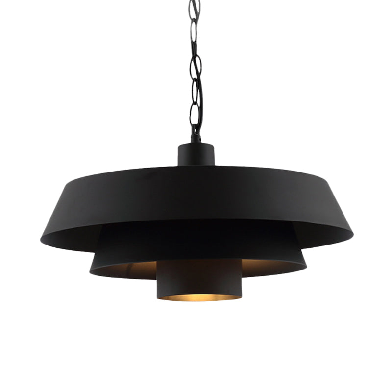 Vintage Iron Pendant Ceiling Fixture - 2-Layer Pan Restaurant Style, 1-Head, Black Finish