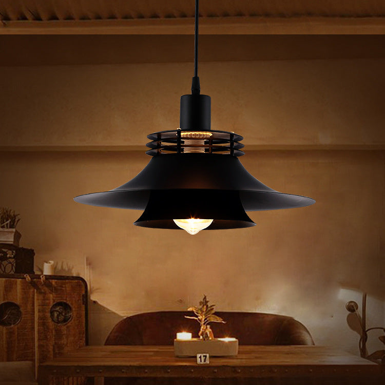 Restaurant Ceiling Light: Wide Flare Pendant Countryside Black Iron | 2-Layer, 1 Bulb | 12.5"/14" Wide