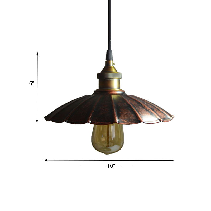 Copper Iron Ceiling Pendant Light with Antiqued Scalloped Drop Design - 1 Bulb, 10"/14"/16.5" Wide Hang Fixture