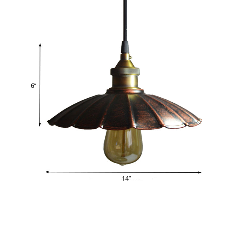 Copper Iron Ceiling Pendant Light with Antiqued Scalloped Drop Design - 1 Bulb, 10"/14"/16.5" Wide Hang Fixture