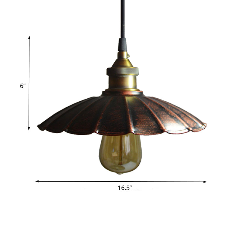 Copper Iron Ceiling Pendant Light with Antiqued Scalloped Drop Design - 1 Bulb, 10"/14"/16.5" Wide Hang Fixture