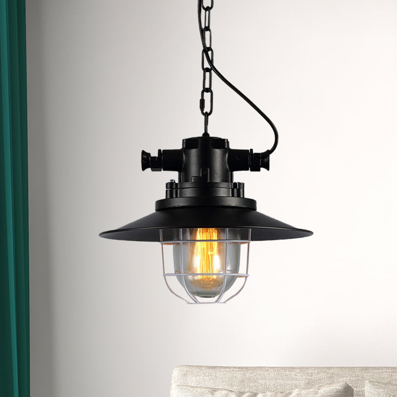 Vintage Industrial Metal Black Down Lighting Pendant Lamp With Caged Clear Glass Shade