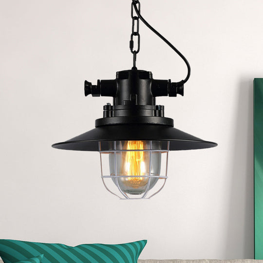 Vintage Industrial Metal Black Down Lighting Pendant Lamp With Caged Clear Glass Shade