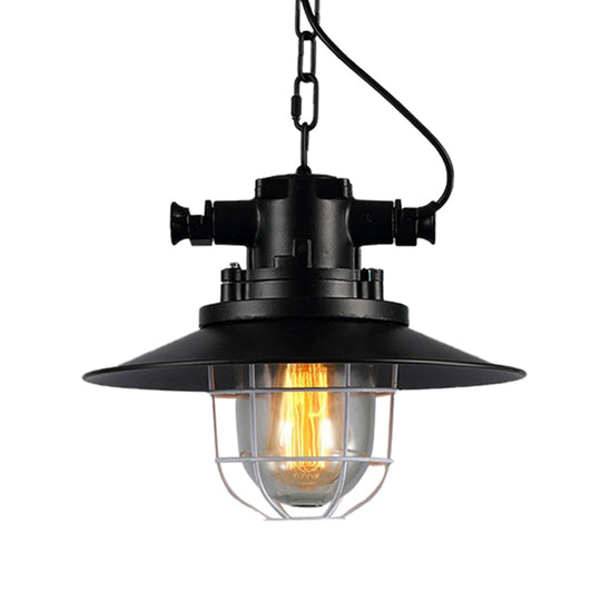 Vintage Industrial Metal Black Down Lighting Pendant Lamp With Caged Clear Glass Shade