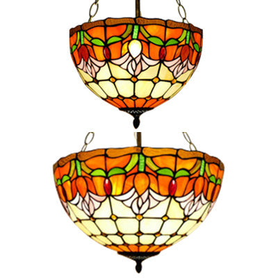 Tiffany Stained Glass Chandelier - Orange Bowl Pendant Light, 12"/16" Width - Ideal for Foyer