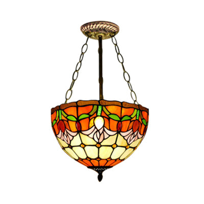 Rustic Stained Glass Chandelier - Orange Bowl Pendant Light (12/16 Width) For Foyer / 12