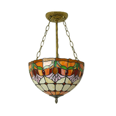 Tiffany Stained Glass Chandelier - Orange Bowl Pendant Light, 12"/16" Width - Ideal for Foyer