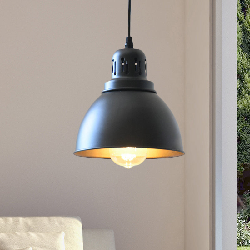 Iron Suspension Pendant Lamp - Antiqued Black Finish 1-Bulb Domed Stairway Design 6/7.5/12 Width /