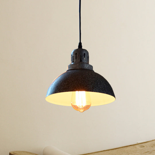 Rustic Matte Black Pendant Lamp - Metallic Domed Ceiling Light 1-Light Suspended Design