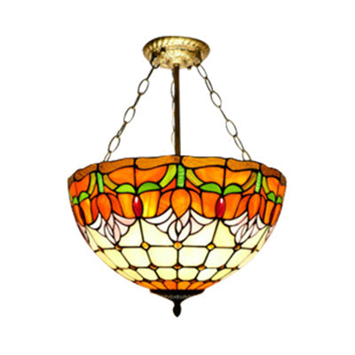 Tiffany Stained Glass Chandelier - Orange Bowl Pendant Light, 12"/16" Width - Ideal for Foyer