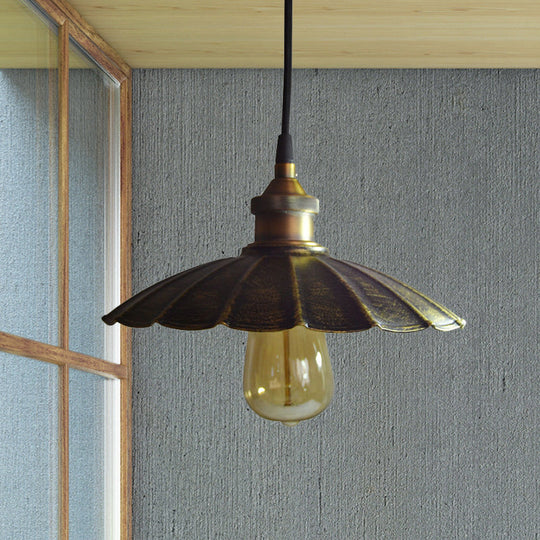 Rustic Scalloped Bronze Pendant Light Fixture - 1-Light Metallic Hanging Lamp Multiple Width Options