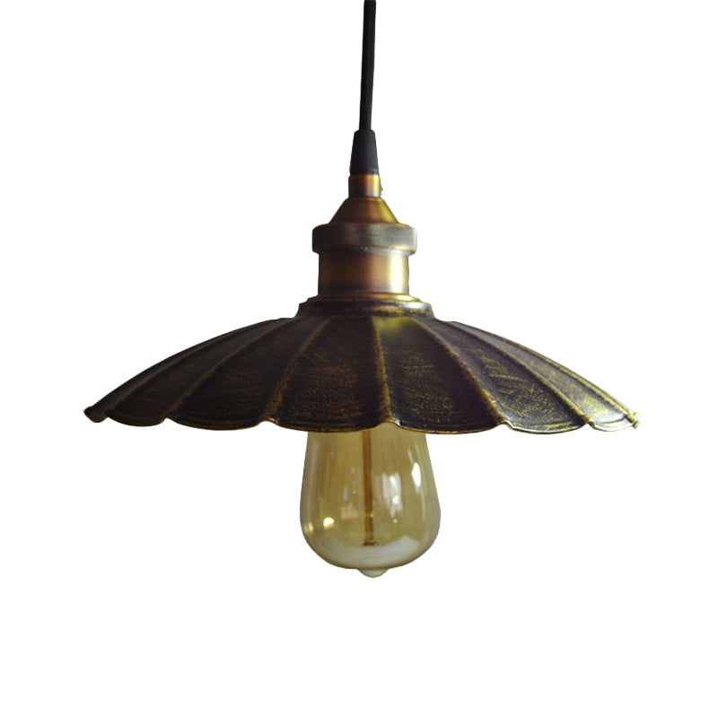 Rustic Scalloped Bronze Pendant Light Fixture - 1-Light Metallic Hanging Lamp Multiple Width Options