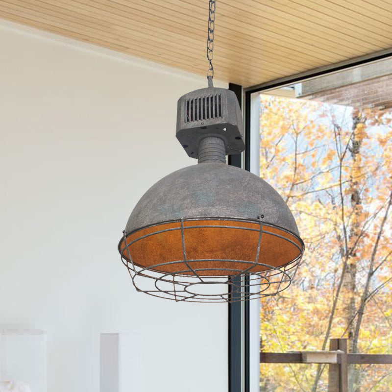 Rustic Iron Caged Pendant Lamp - Restaurant Hanging Light Kit 1 Grey Finish Suspended Design With