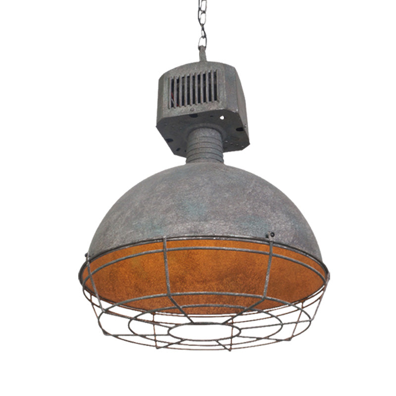 Rustic Iron Caged Pendant Lamp - Restaurant Hanging Light Kit 1 Grey Finish Suspended Design With