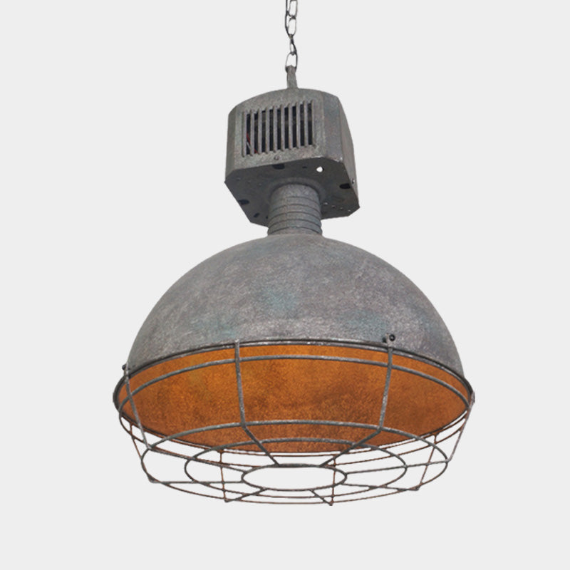 Rustic Iron Caged Restaurant Hanging Light – Grey Finish Pendant Lamp with Domed Shade