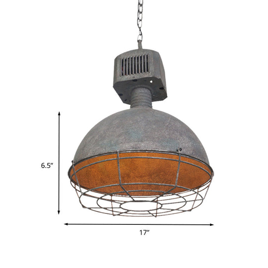 Rustic Iron Caged Restaurant Hanging Light – Grey Finish Pendant Lamp with Domed Shade