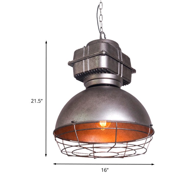 Vintage Dome Pendant Ceiling Light - Silver Metallic 1-Head Hanging Lamp With Cage