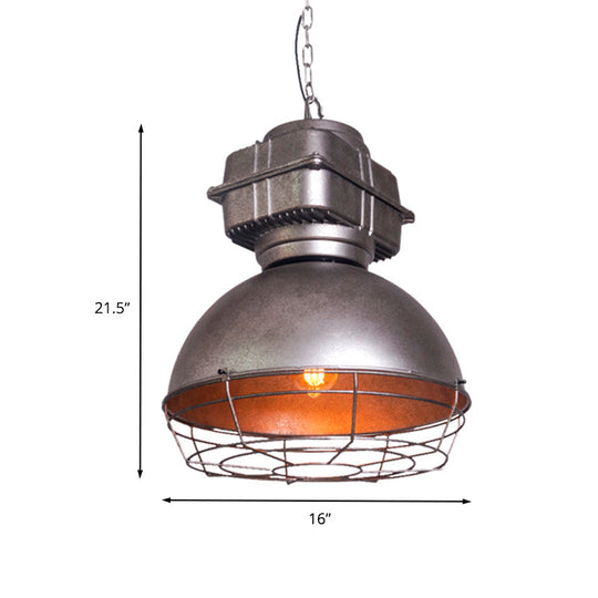 Vintage Dome Pendant Ceiling Light - Silver Metallic 1-Head Hanging Lamp With Cage