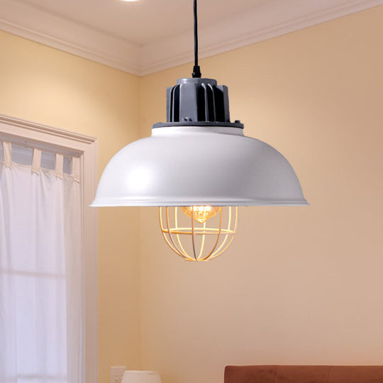 Industrial Metal Drop Pendant Lamp - White Domed Design, Ceiling Suspension for Restaurants (1-Bulb)