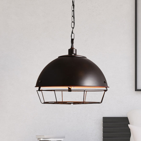 Farmhouse Pendant Lamp With Iron Dome Black/Rust/Silver Finish - 1 Bulb Hanging Light Cage For