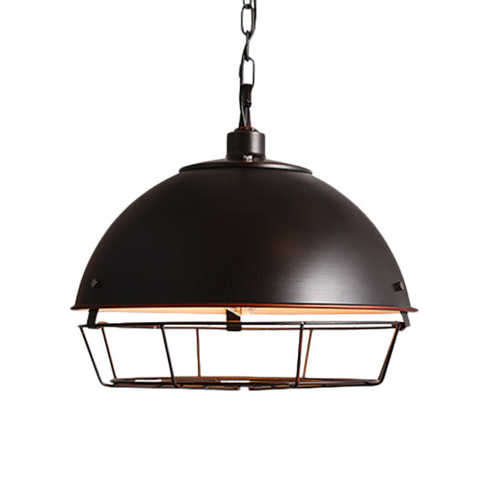 Farmhouse Pendant Lamp With Iron Dome Black/Rust/Silver Finish - 1 Bulb Hanging Light Cage For