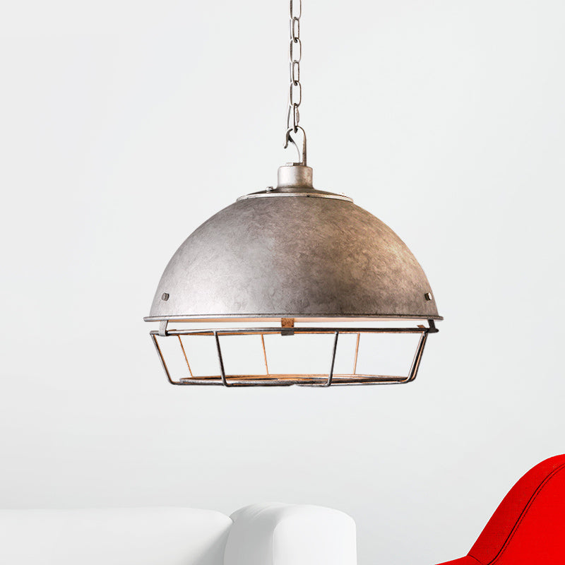 Farmhouse Pendant Lamp With Iron Dome Black/Rust/Silver Finish - 1 Bulb Hanging Light Cage For