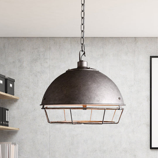 Farmhouse Pendant Lamp With Iron Dome Black/Rust/Silver Finish - 1 Bulb Hanging Light Cage For