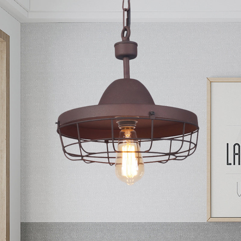 Rust 1-Light Pendant With Antiqued Metal Barn Shade And Cage Suspension Lamp