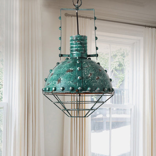 Rustic Aqua Hanging Pendant with Domed Shade - Wire Cage Iron Down Lighting for Restaurants