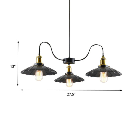 Vintage Black Iron Ceiling Chandelier With Gooseneck Arms & Scalloped Shade - 3 Heads