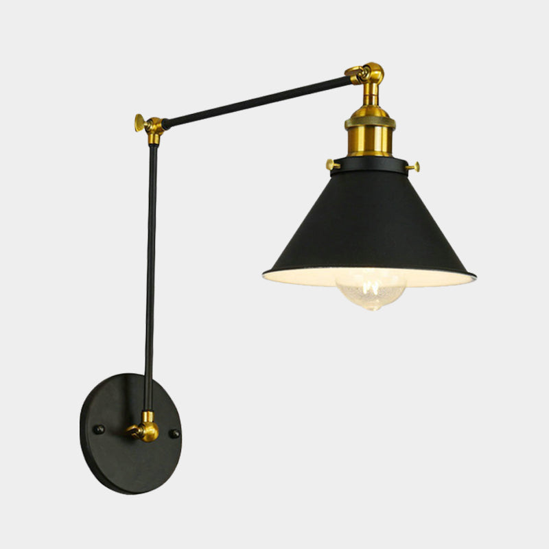 Vintage Cone Metal Wall Sconce With Swing Arm - 1 Bulb Restaurant Lighting Fixture In Black