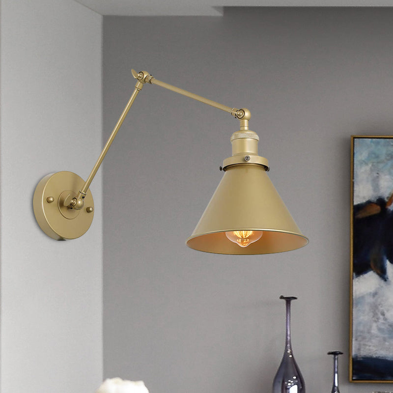 Iron Gold Finish Swing Arm Sconce Lamp - Industrial Plug-In Wall Mounted Light