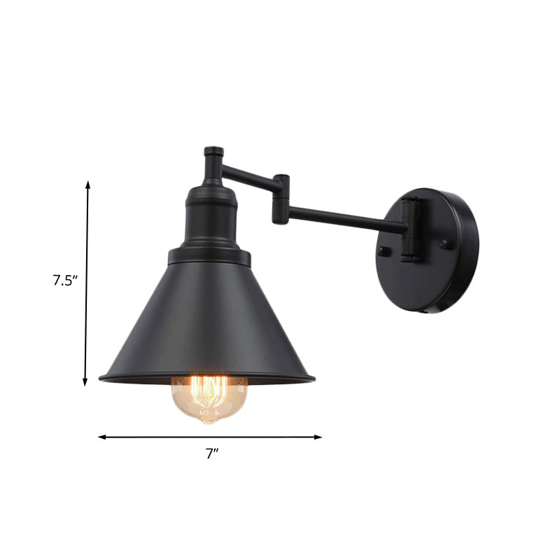 Vintage 1-Bulb Swing Arm Iron Sconce Lighting In Black For Coffee Shops - Conical Shade Wall Lamp