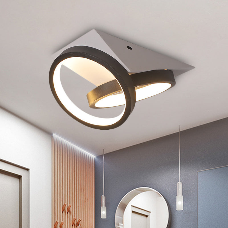 Modern Black Double Ring Led Flush Mount Ceiling Light Fixture With Acrylic Shade And White Triangle