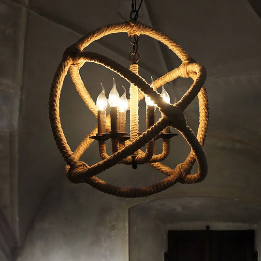 Adjustable Beige Chandelier for Bedrooms - Industrial Style Hanging Lamp, Rope Globe Cage with Chain