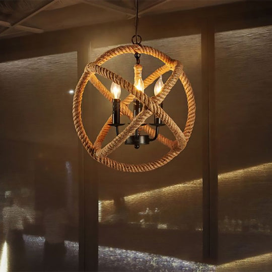 Adjustable Beige Chandelier for Bedrooms - Industrial Style Hanging Lamp, Rope Globe Cage with Chain