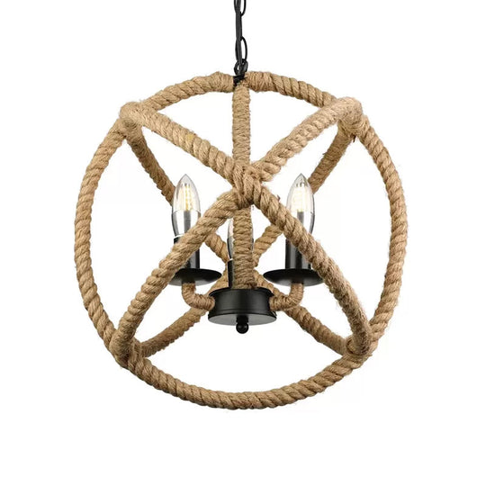 Adjustable Beige Chandelier For Bedrooms - Industrial Style Rope Globe Cage Hanging Lamp