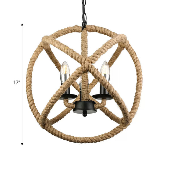 Adjustable Beige Chandelier For Bedrooms - Industrial Style Rope Globe Cage Hanging Lamp