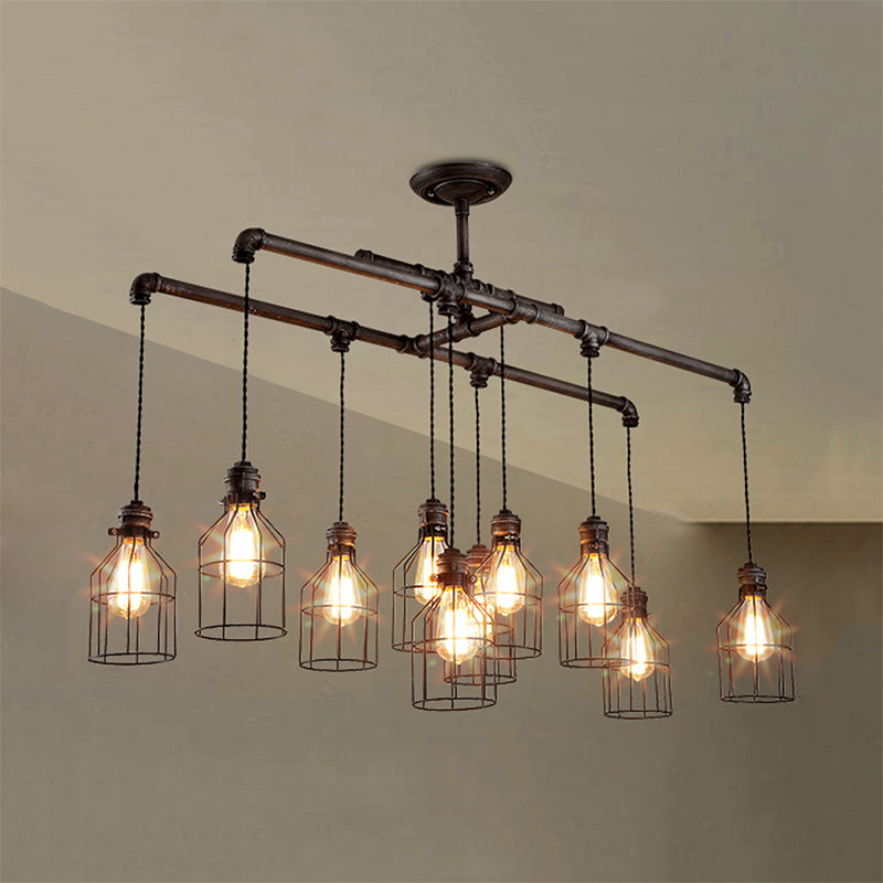 Antique Style Bronze Iron Pendant Light With 6/10 Bulb Cage Water Pipe Design - Ideal Island