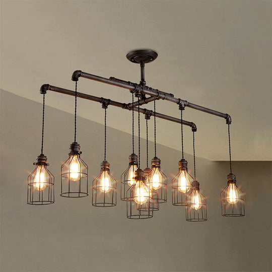 Antique Style Bronze Iron Pendant Light With 6/10 Bulb Cage Water Pipe Design - Ideal Island