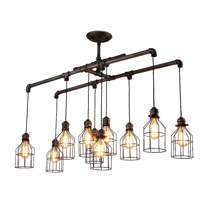 Antique Style Bronze Iron Pendant Light With 6/10 Bulb Cage Water Pipe Design - Ideal Island