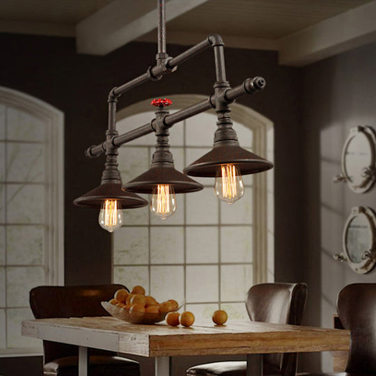 Industrial Style 3/5-Head Pendant Lighting With Cone Shade And Red Valve In Rust Finish