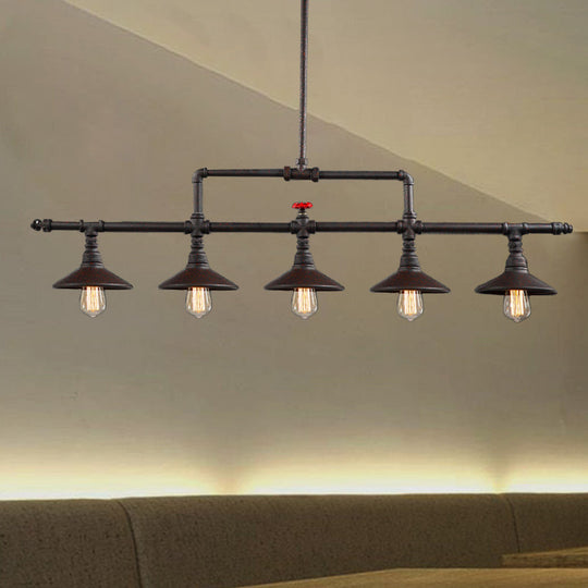 Industrial Style 3/5-Head Pendant Lighting With Cone Shade And Red Valve In Rust Finish