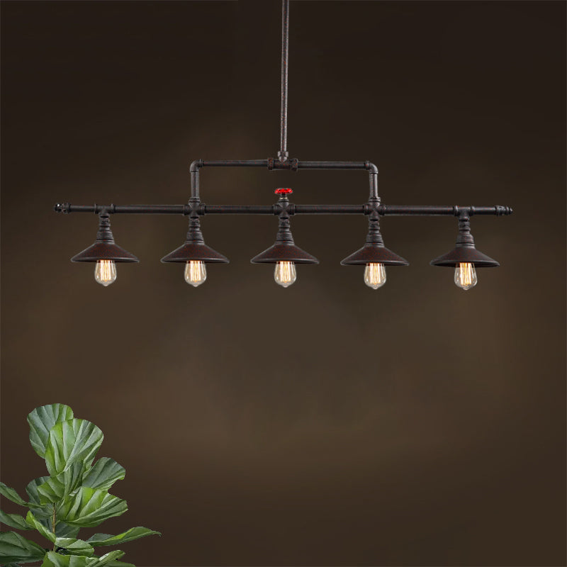 Industrial Style 3/5-Head Pendant Lighting With Cone Shade And Red Valve In Rust Finish